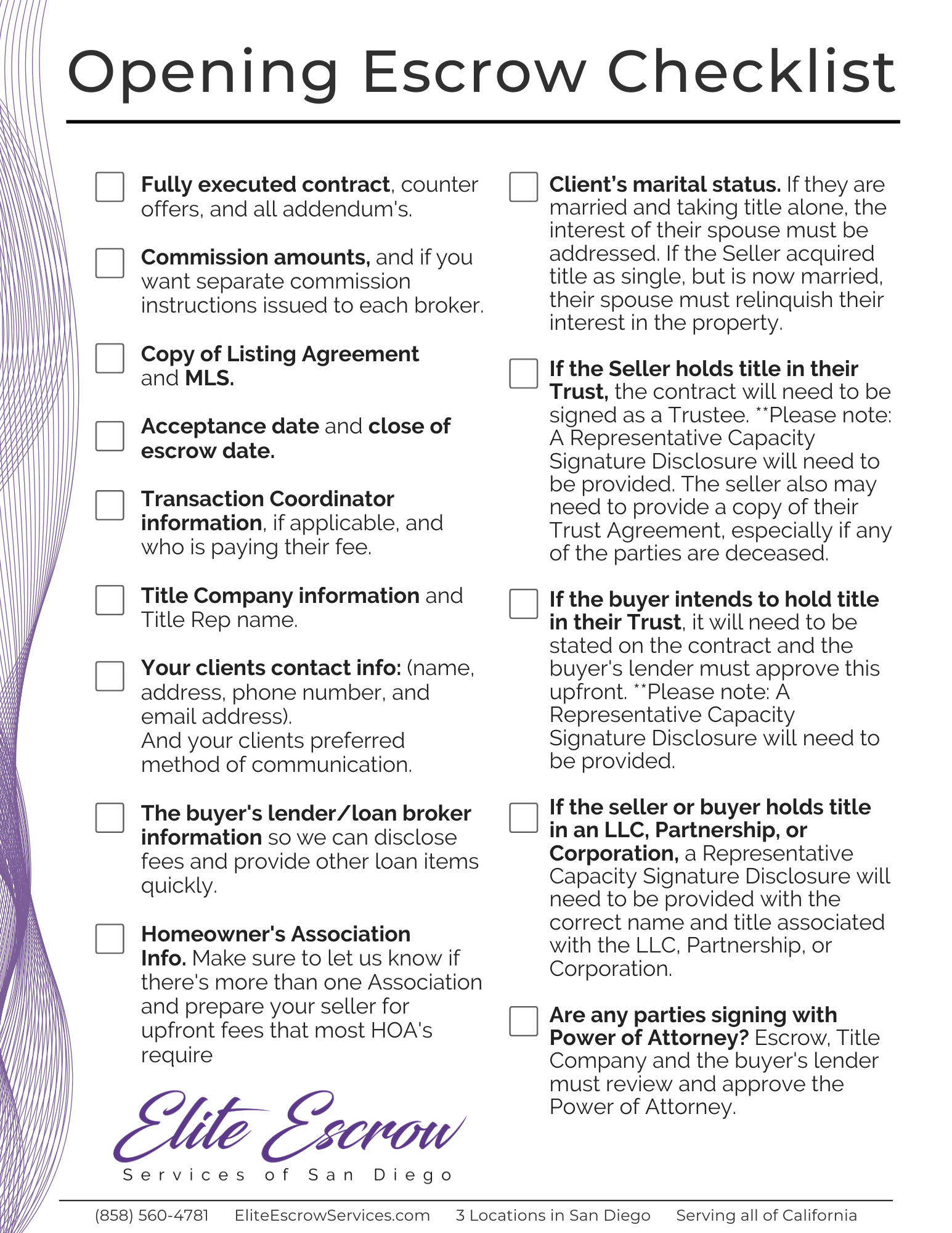 Opening Escrow Checklist for Agents